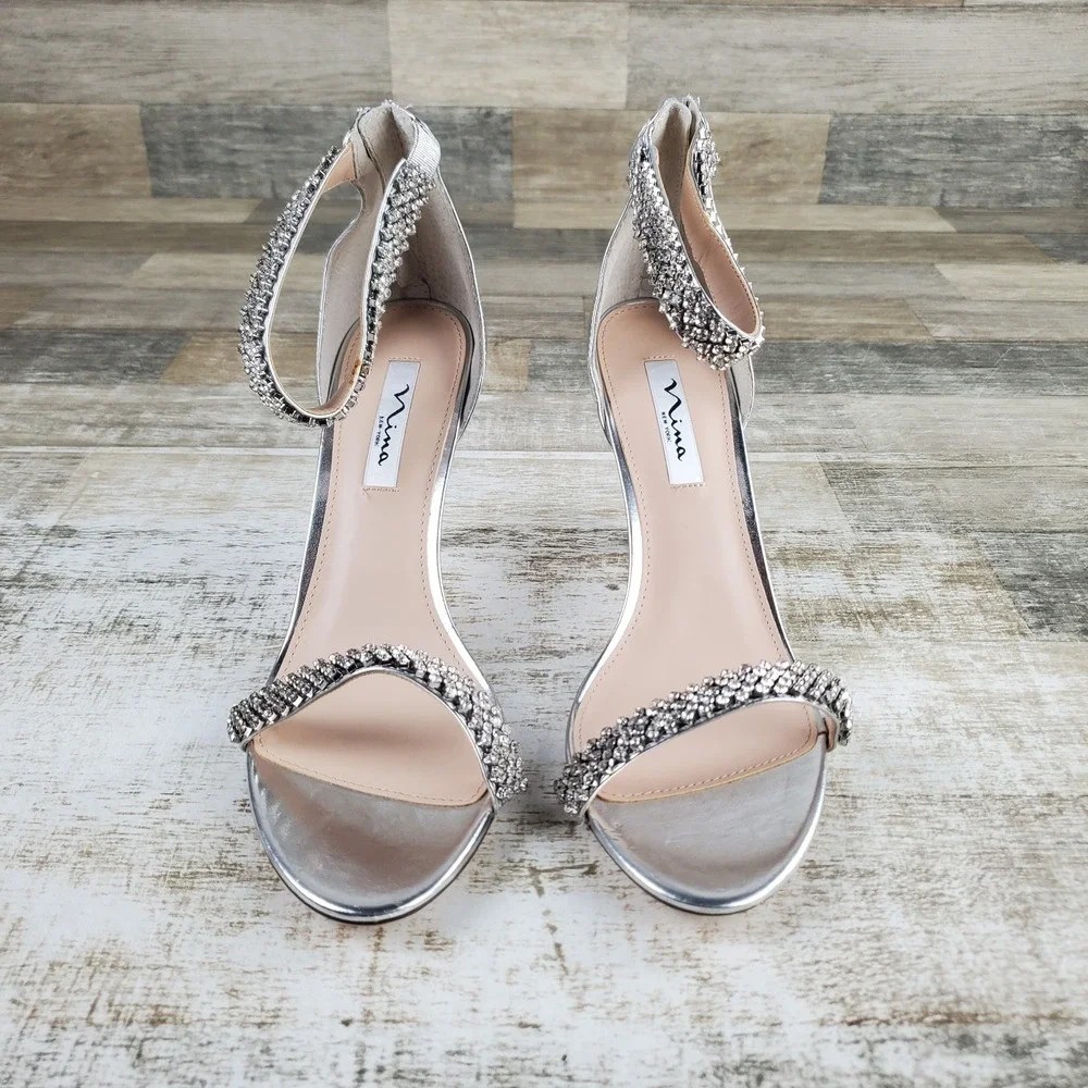 Nina Vauna Womens Sandals Sz 11 M Silver Rhinestone Ankle Strap Zip Kitten Heel
